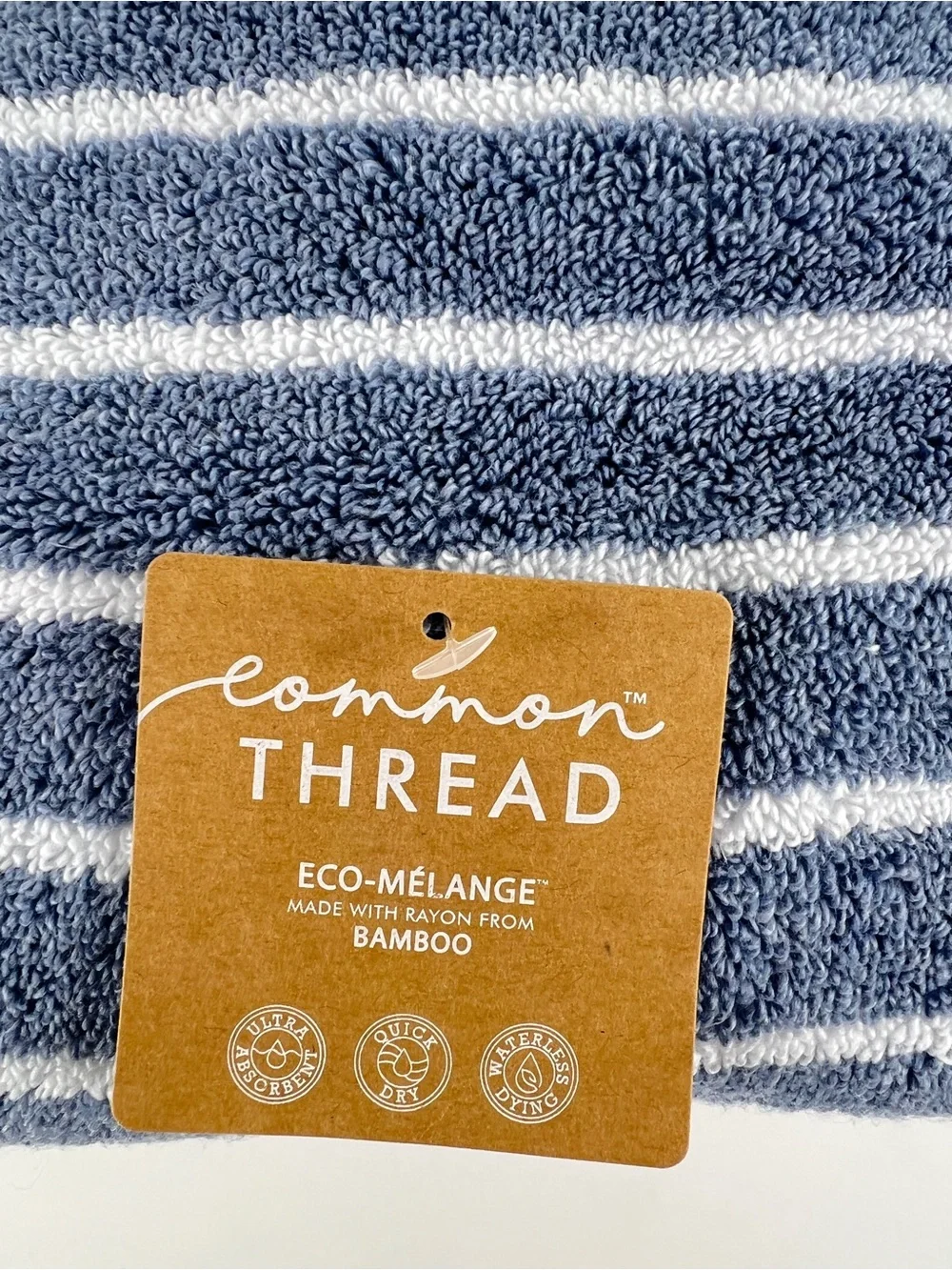 Common Thread Bath Towels Bamboo Blue White Wide Stripe Cotton 2 Pc Set NEW